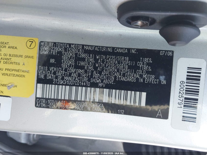 2007 Lexus Rx 350 VIN: 2T2GK31U07C014410 Lot: 43566878