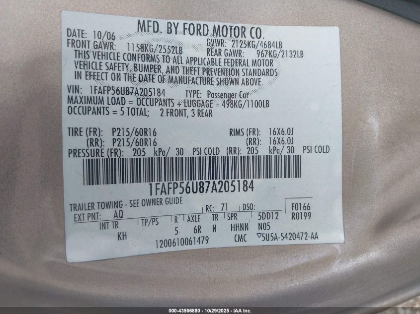 2007 Ford Taurus Sel VIN: 1FAFP56U87A205184 Lot: 43566880