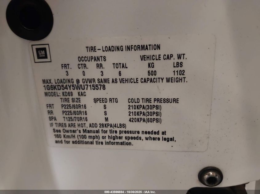 1998 Cadillac Deville Standard VIN: 1G6KD54Y5WU715578 Lot: 43566884