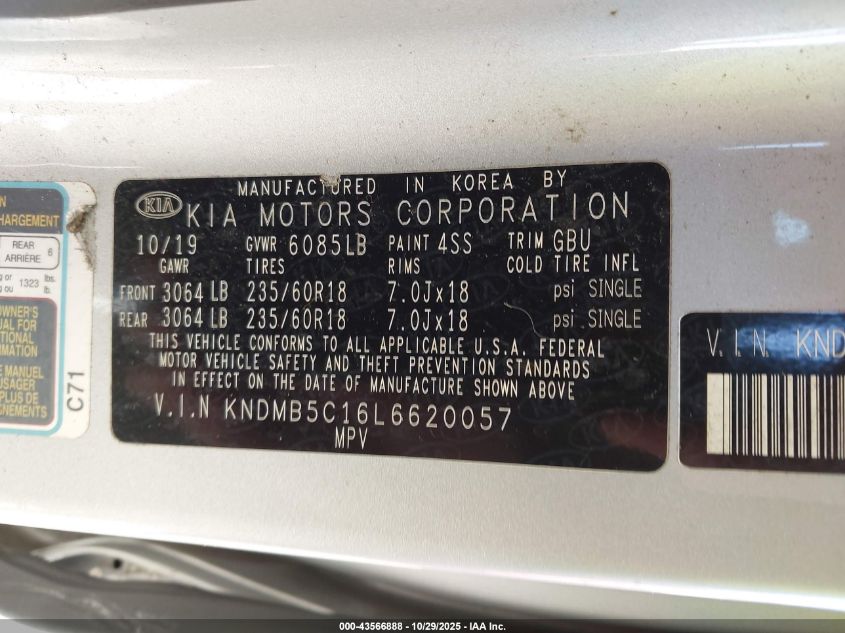 2020 Kia Sedona Ex VIN: KNDMB5C16L6620057 Lot: 43566888