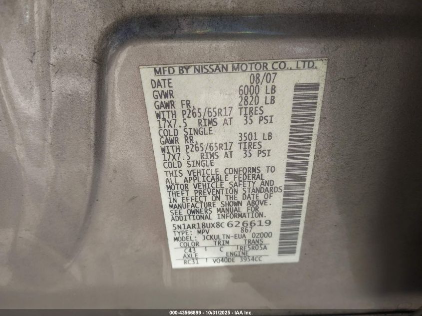 2008 Nissan Pathfinder S/Le/Se VIN: 5N1AR18UX8C626619 Lot: 43566899