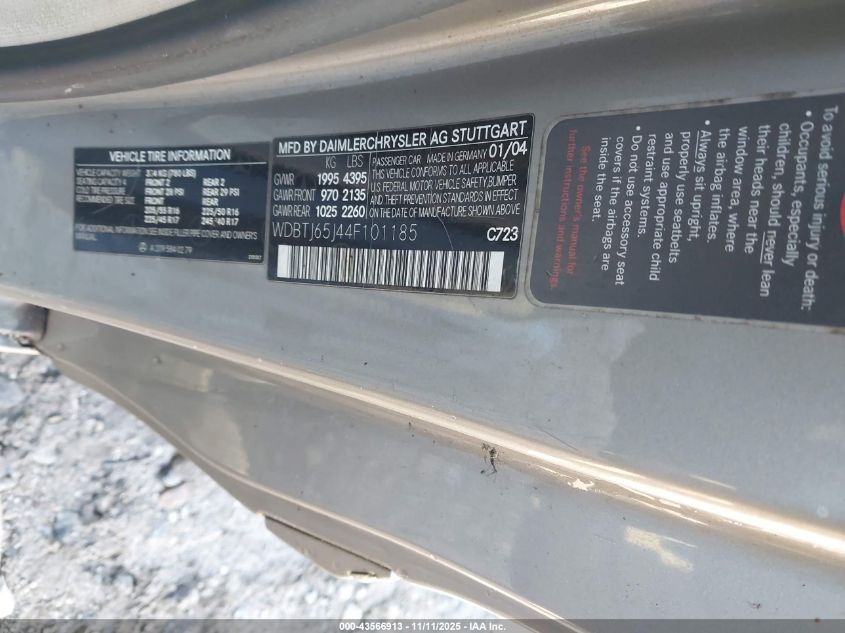 2004 Mercedes-Benz Clk 320 VIN: WDBTJ65J44F101185 Lot: 43566913