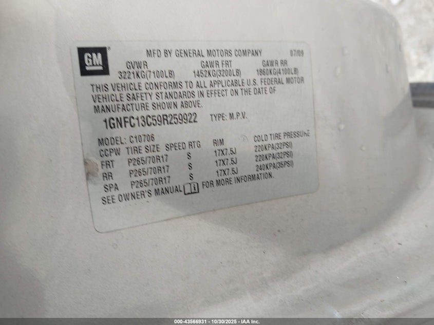 2009 Chevrolet Tahoe Ls VIN: 1GNFC13C59R259922 Lot: 43566931