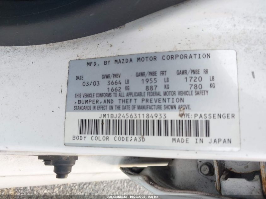 2003 Mazda Protege5 VIN: JM1BJ245631184933 Lot: 43566933