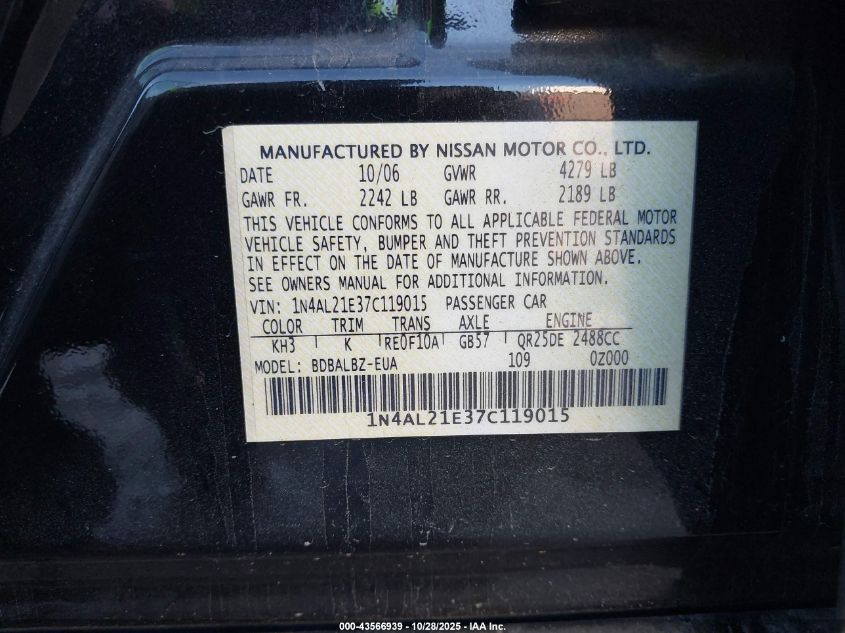 2007 Nissan Altima 2.5 S VIN: 1N4AL21E37C119015 Lot: 43566939
