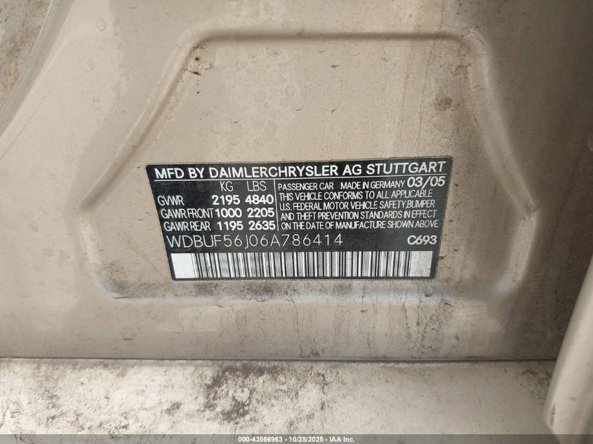 2006 Mercedes-Benz E 350 VIN: WDBUF56J06A786414 Lot: 43566963