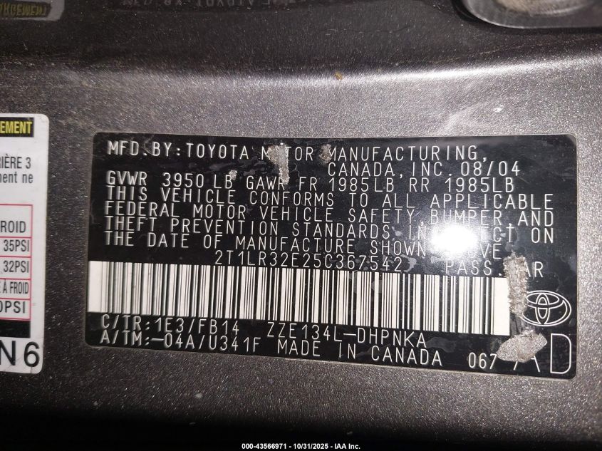 2005 Toyota Matrix Xr VIN: 2T1LR32E25C367542 Lot: 43566971