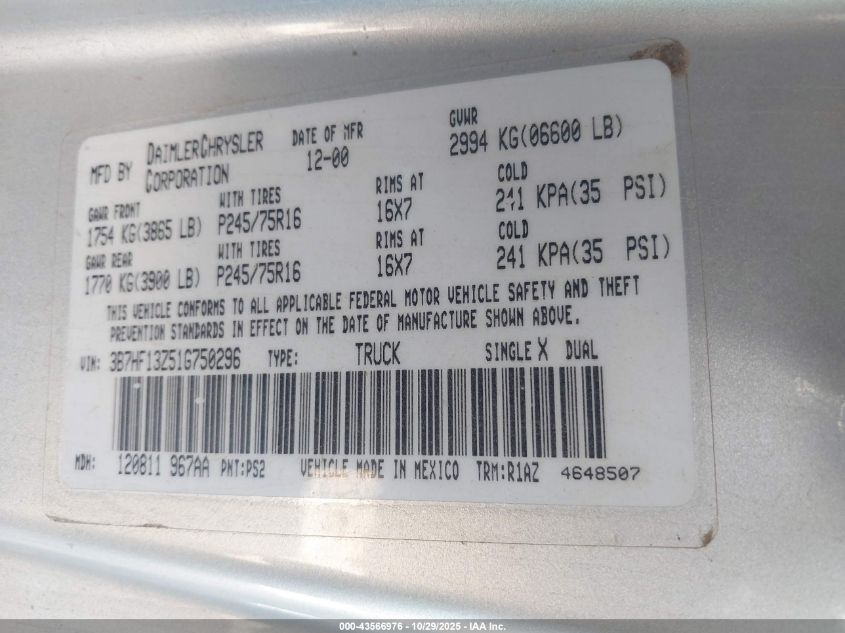 2001 Dodge Ram 1500 St VIN: 3B7HF13Z51G750296 Lot: 43566976