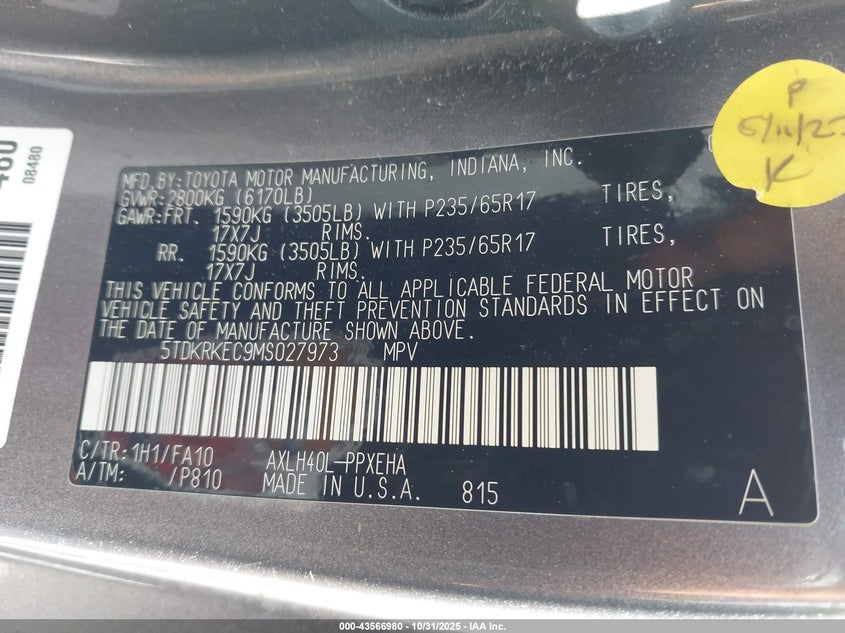 2021 Toyota Sienna Le VIN: 5TDKRKEC9MS027973 Lot: 43566980