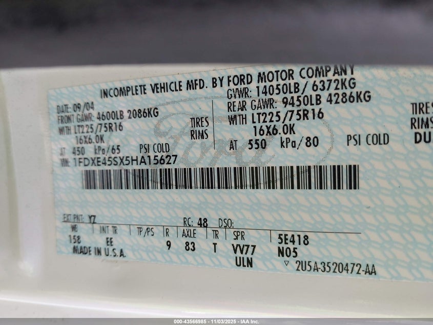 2005 Ford E-450 Cutaway Standard VIN: 1FDXE45SX5HA15627 Lot: 43566985