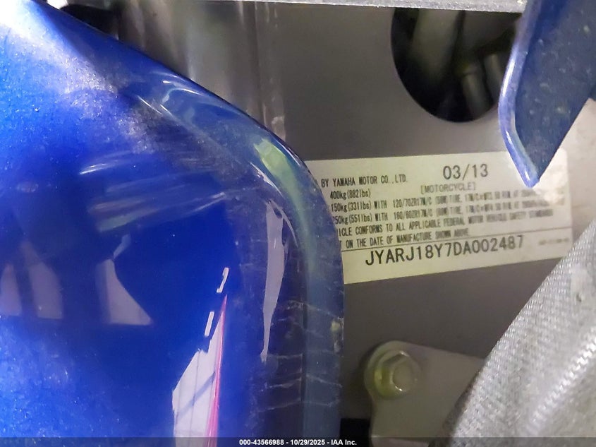 2013 Yamaha Fz6 Rc VIN: JYARJ18Y7DA002487 Lot: 43566988