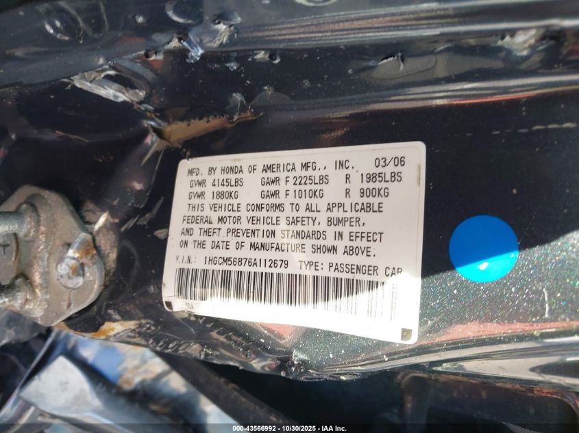2006 Honda Accord 2.4 Ex VIN: 1HGCM56876A112679 Lot: 43566992