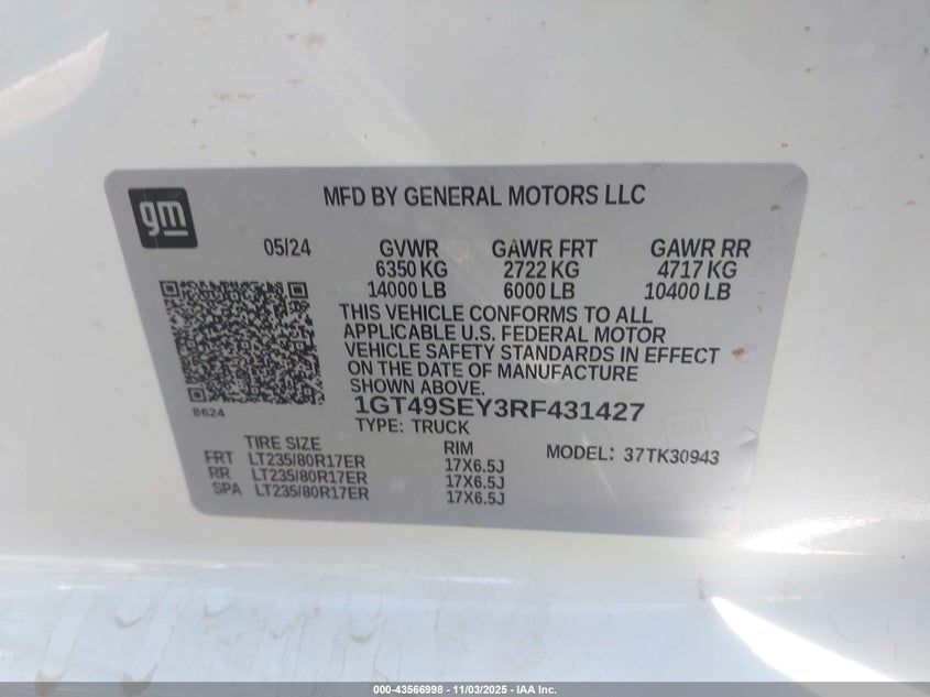 2024 GMC Sierra 3500Hd 4Wd Long Bed Pro VIN: 1GT49SEY3RF431427 Lot: 43566998