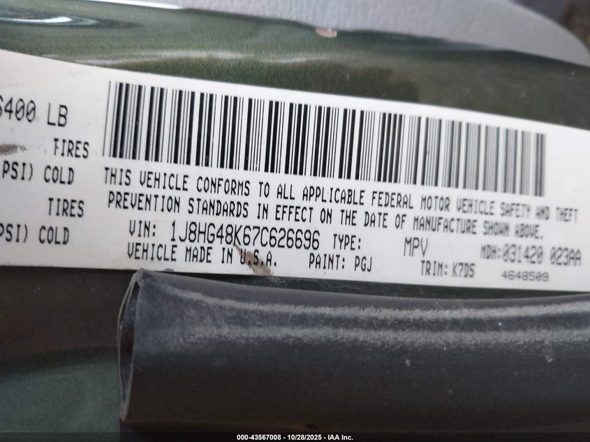 2007 Jeep Commander Sport VIN: 1J8HG48K67C626696 Lot: 43567008