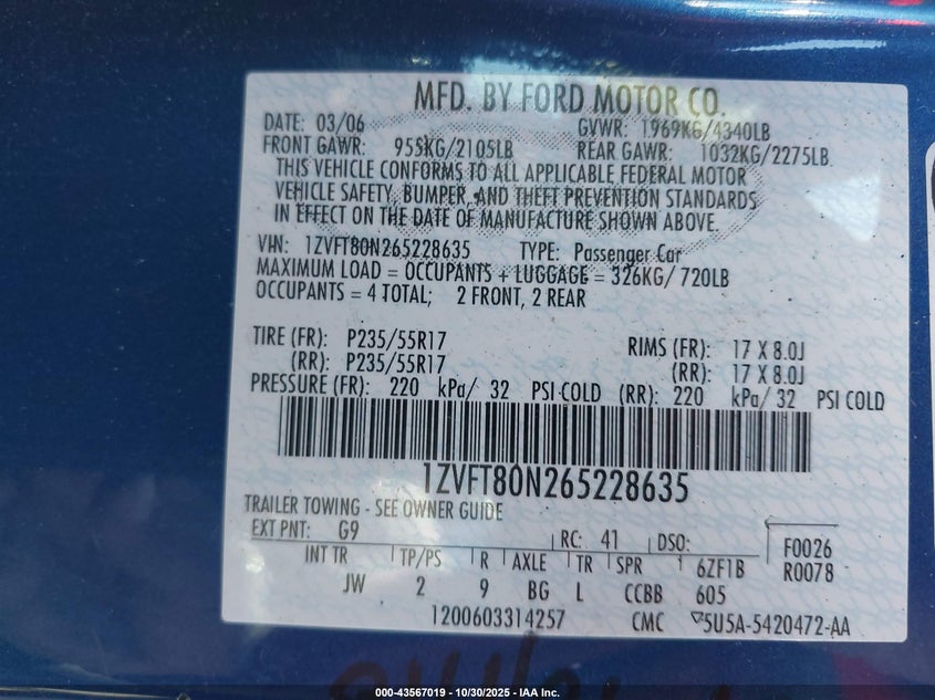 2006 Ford Mustang V6 VIN: 1ZVFT80N265228635 Lot: 43567019