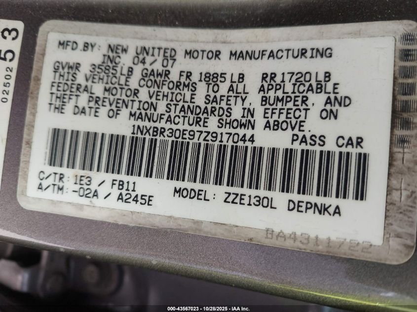 2007 Toyota Corolla S VIN: 1NXBR30E97Z917044 Lot: 43567023