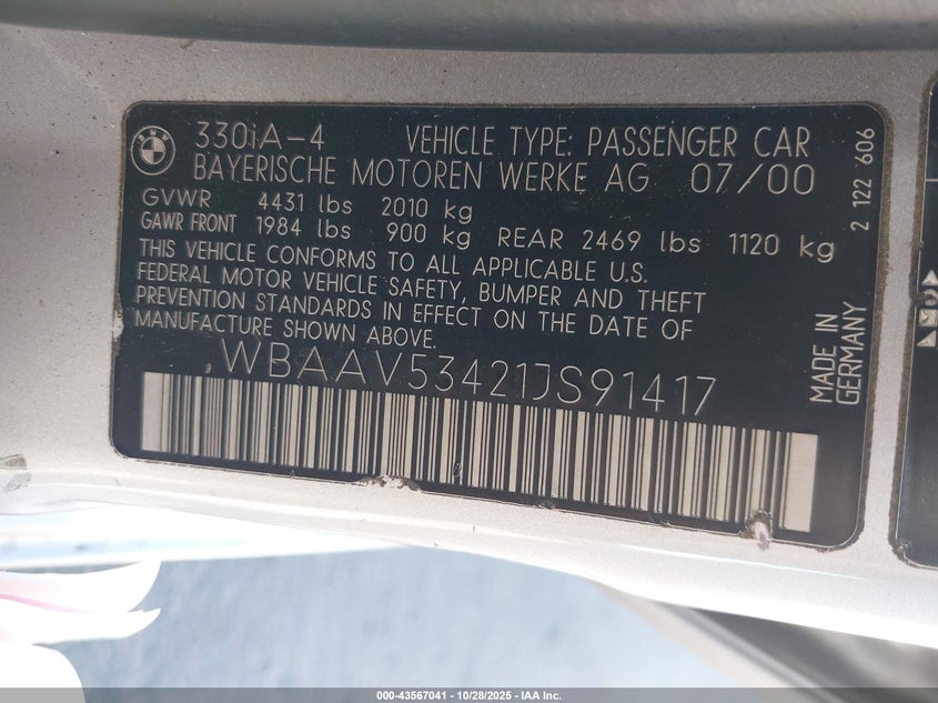 2001 BMW 330I VIN: WBAAV53421JS91417 Lot: 43567041