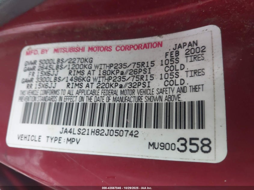2002 Mitsubishi Montero Sport Es/Ls VIN: JA4LS21H82J050742 Lot: 43567046