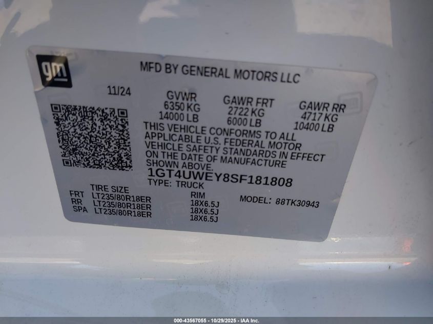 2025 GMC Sierra 3500Hd 4Wd Long Bed Denali VIN: 1GT4UWEY8SF181808 Lot: 43567055