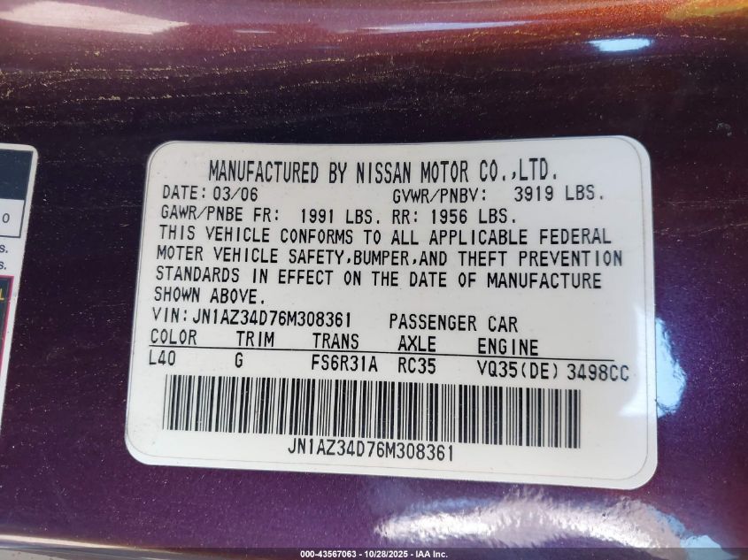 2006 Nissan 350Z VIN: JN1AZ34D76M308361 Lot: 43567063