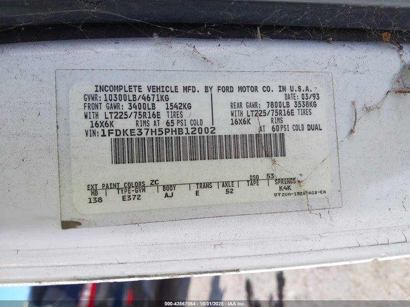 1993 Ford Econoline E350 Cutaway Van VIN: 1FDKE37H5PHB12002 Lot: 43567064