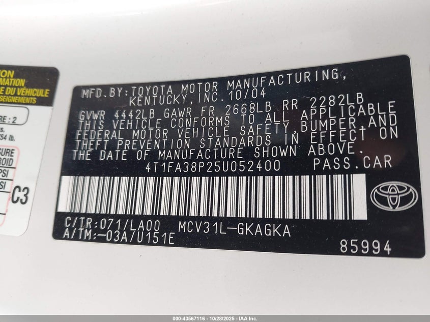 2005 Toyota Camry Solara Sle VIN: 4T1FA38P25U052400 Lot: 43567116