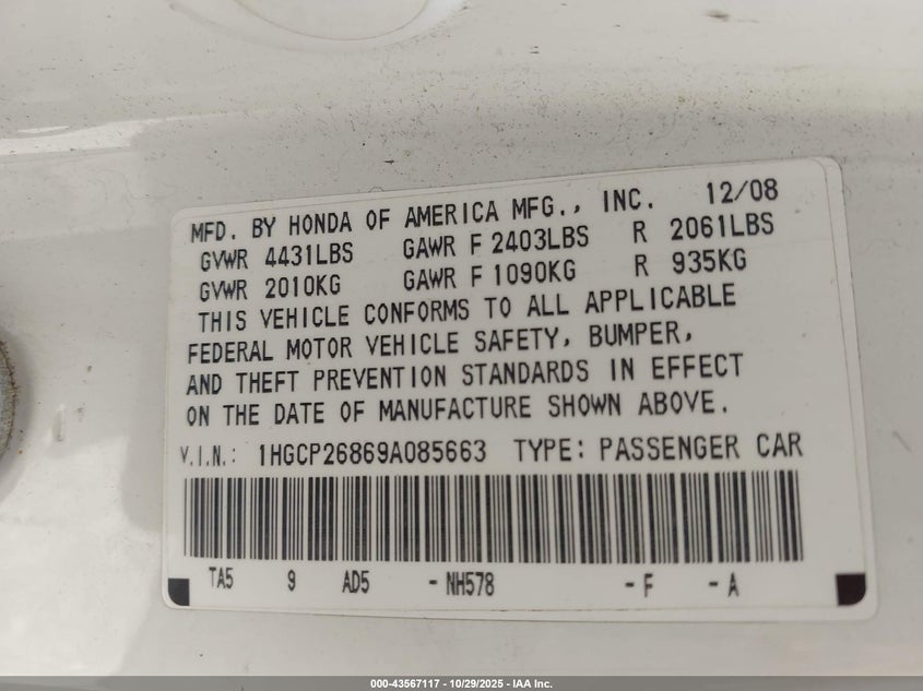 1HGCP26869A085663 2009 HONDA ACCORD photo no. 9