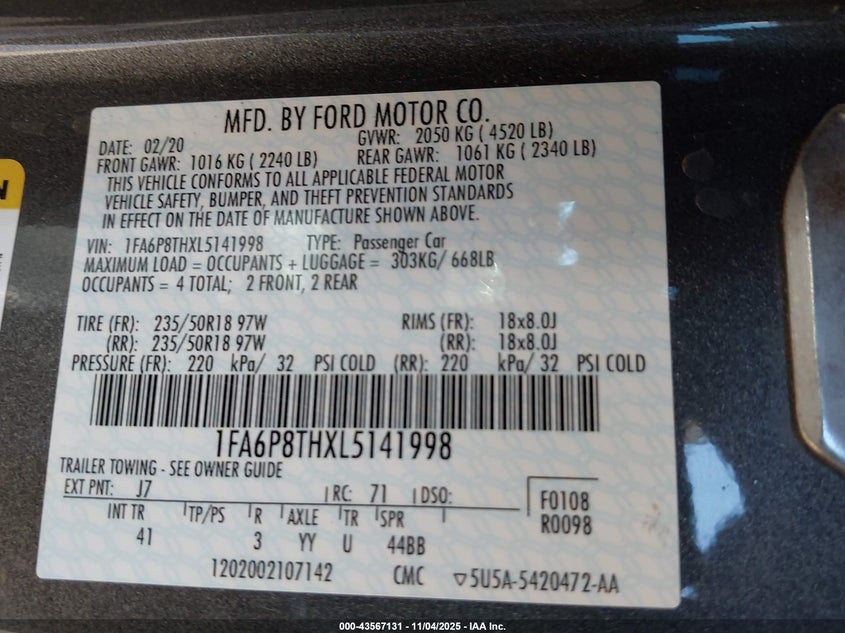 2020 FORD MUSTANG ECOBOOST PREMIUM FASTBACK - 1FA6P8THXL5141998