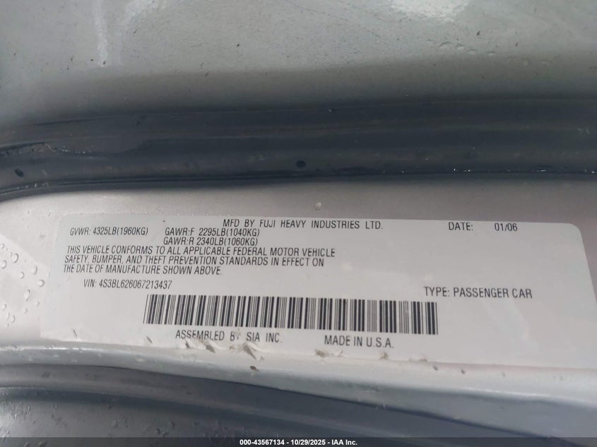 2006 Subaru Legacy 2.5I VIN: 4S3BL626067213437 Lot: 43567134