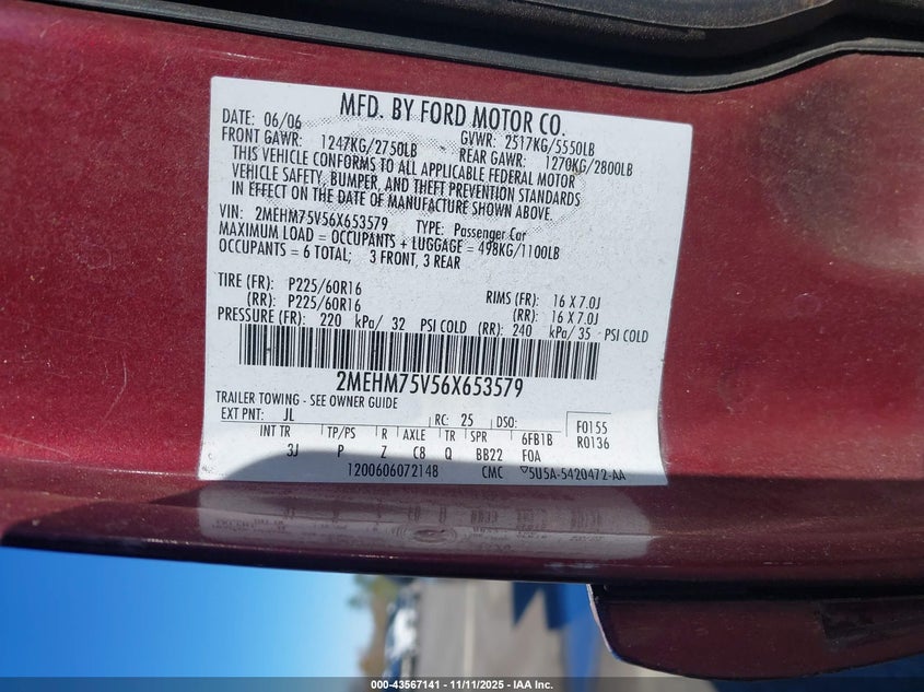 2006 Mercury Grand Marquis Ls VIN: 2MEHM75V56X653579 Lot: 43567141