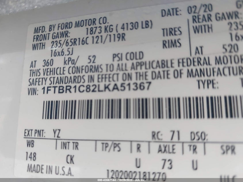 2020 Ford Transit-250 VIN: 1FTBR1C82LKA51367 Lot: 43567144