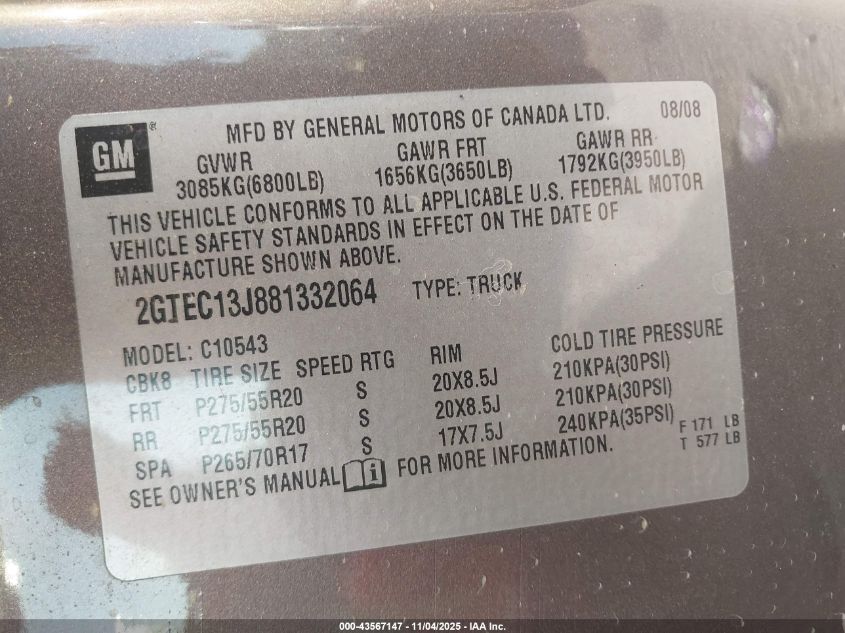 2008 GMC Sierra 1500 Sle1 VIN: 2GTEC13J881332064 Lot: 43567147
