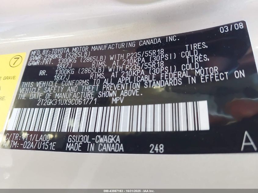 2009 Lexus Rx 350 VIN: 2T2GK31UX9C061771 Lot: 43567163