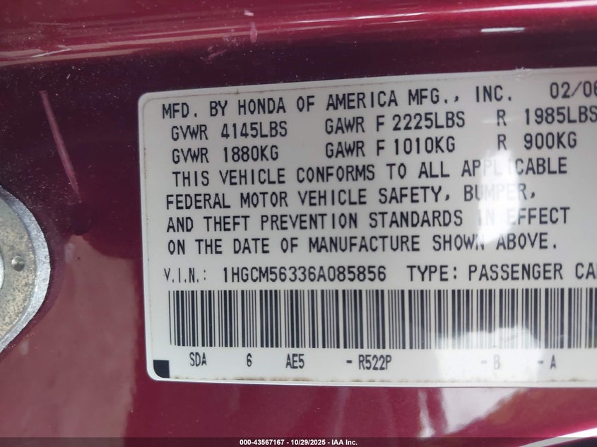 1HGCM56336A085856 2006 HONDA ACCORD photo no. 9