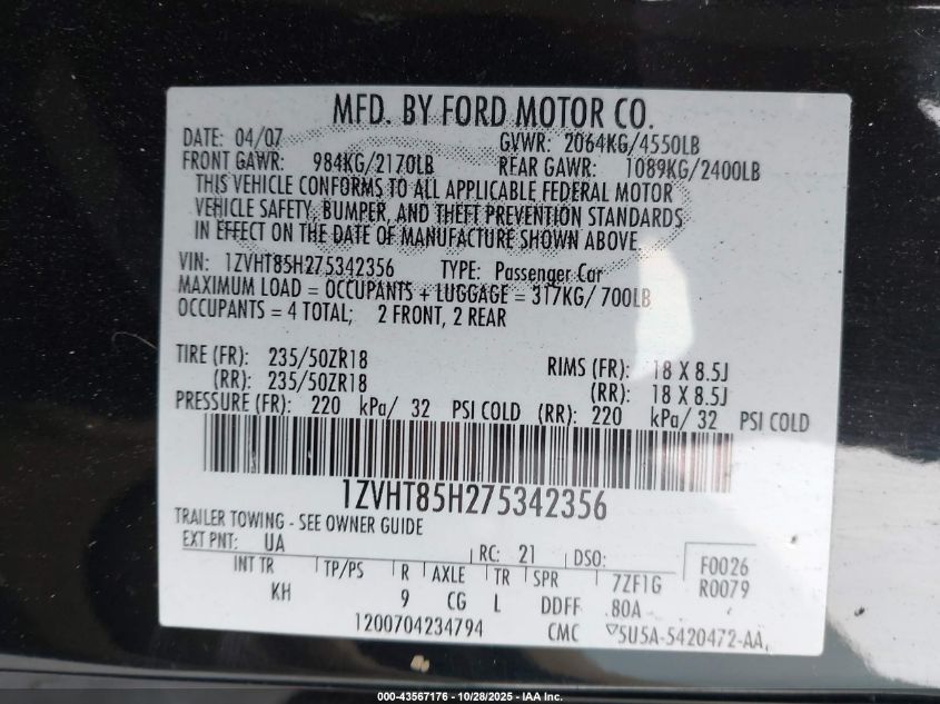 2007 Ford Mustang Gt Deluxe/Gt Premium VIN: 1ZVHT85H275342356 Lot: 43567176