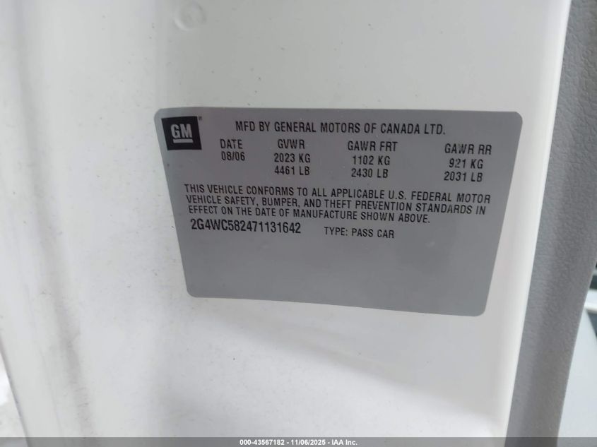 2007 Buick Lacrosse Cx VIN: 2G4WC582471131642 Lot: 43567182