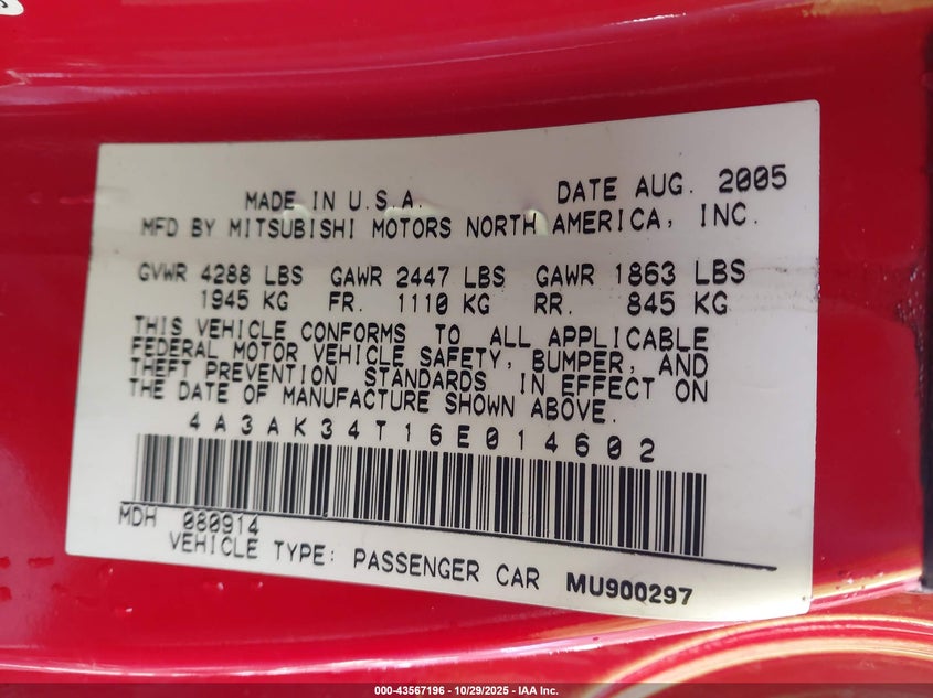 2006 Mitsubishi Eclipse Gt VIN: 4A3AK34T16E014602 Lot: 43567196