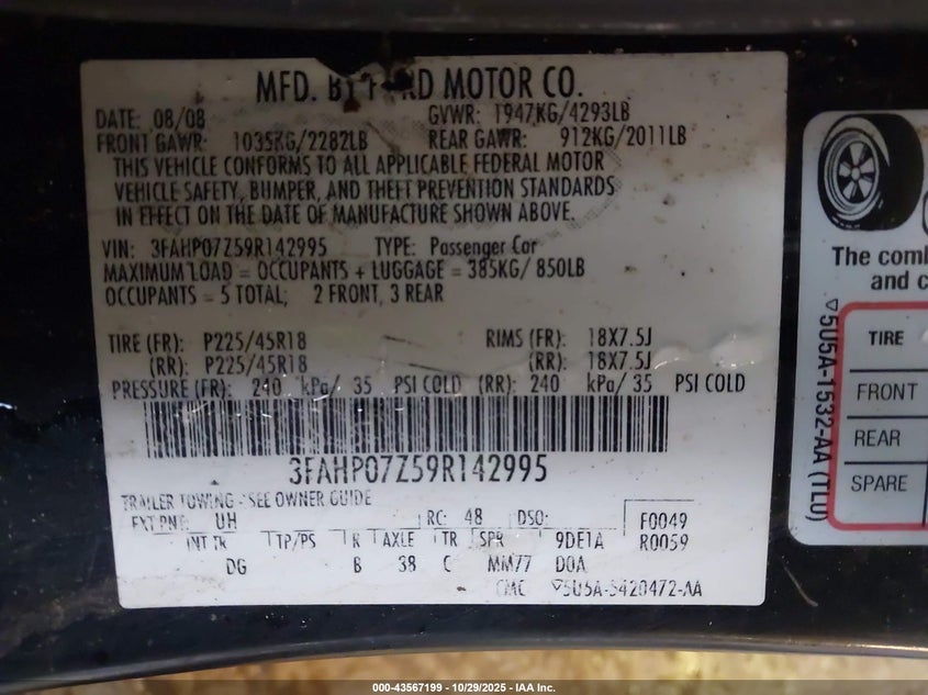 2009 Ford Fusion Se VIN: 3FAHP07Z59R142995 Lot: 43567199