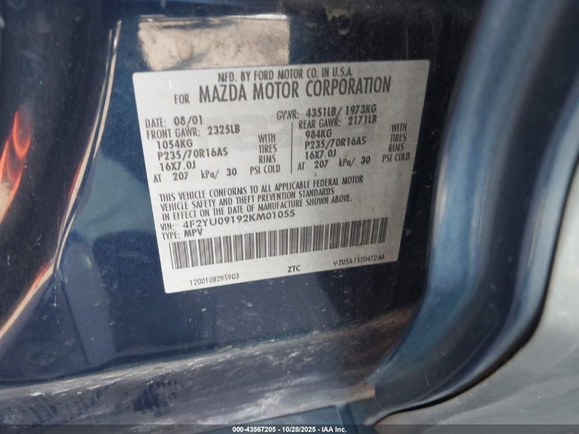 2002 Mazda Tribute Es V6/Lx V6 VIN: 4F2YU09192KM01055 Lot: 43567205