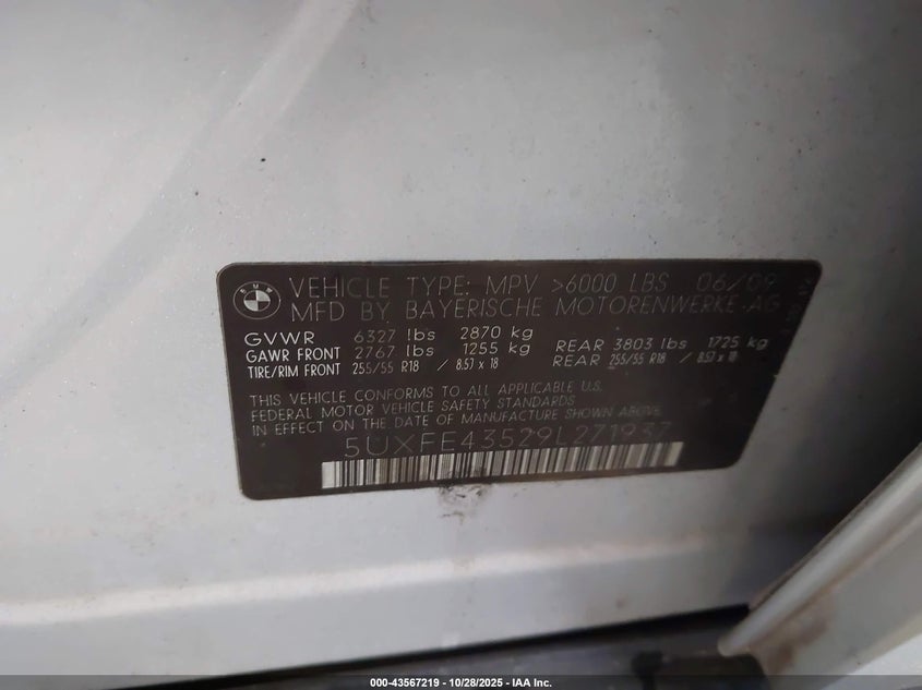 2009 BMW X5 xDrive30I VIN: 5UXFE43529L271937 Lot: 43567219