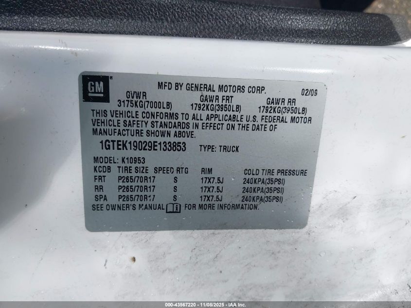 2009 GMC Sierra 2500Hd Sle VIN: 1GTHK53K59F180335 Lot: 43567220