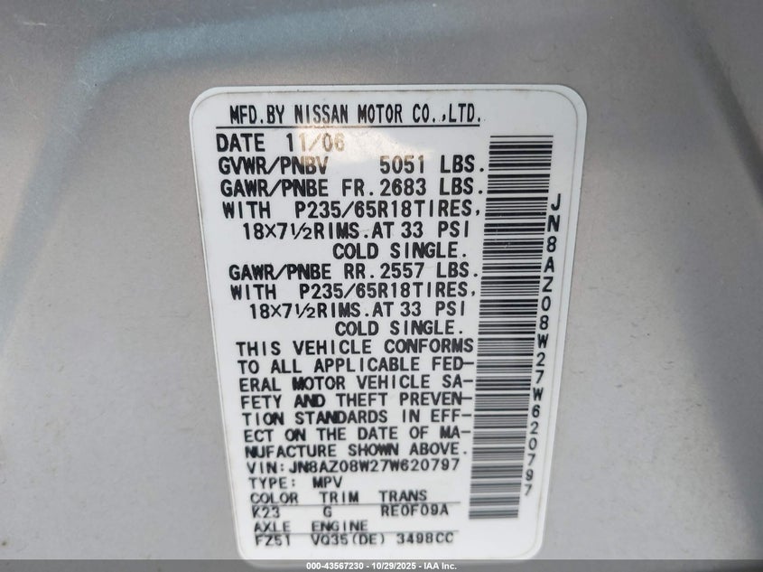 2007 Nissan Murano Sl VIN: JN8AZ08W27W620797 Lot: 43567230