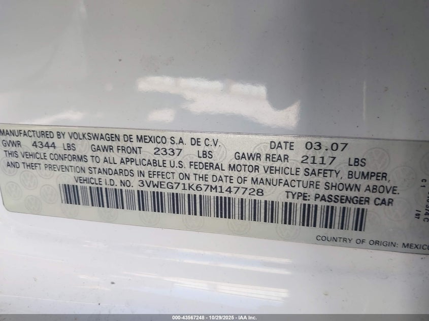 2007 Volkswagen Jetta Wolfsburg Edition VIN: 3VWEG71K67M147728 Lot: 43567248