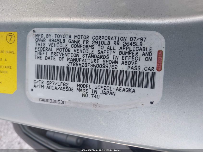 1998 Lexus Ls 400 VIN: JT8BH28F8W0099762 Lot: 43567249