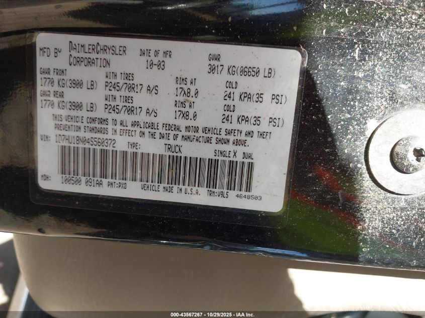2004 Dodge Ram 1500 Slt/Laramie VIN: 1D7HU18N04S560372 Lot: 43567267