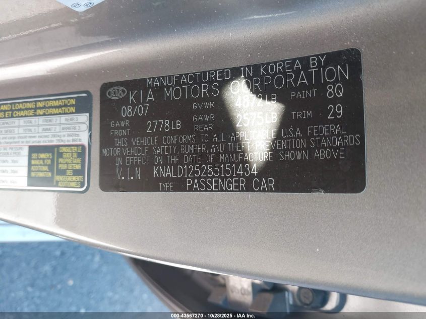 KNALD125285151434 2008 KIA AMANTI photo no. 9