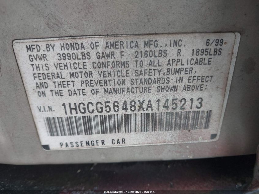 1999 Honda Accord Lx VIN: 1HGCG5648XA145213 Lot: 43567298