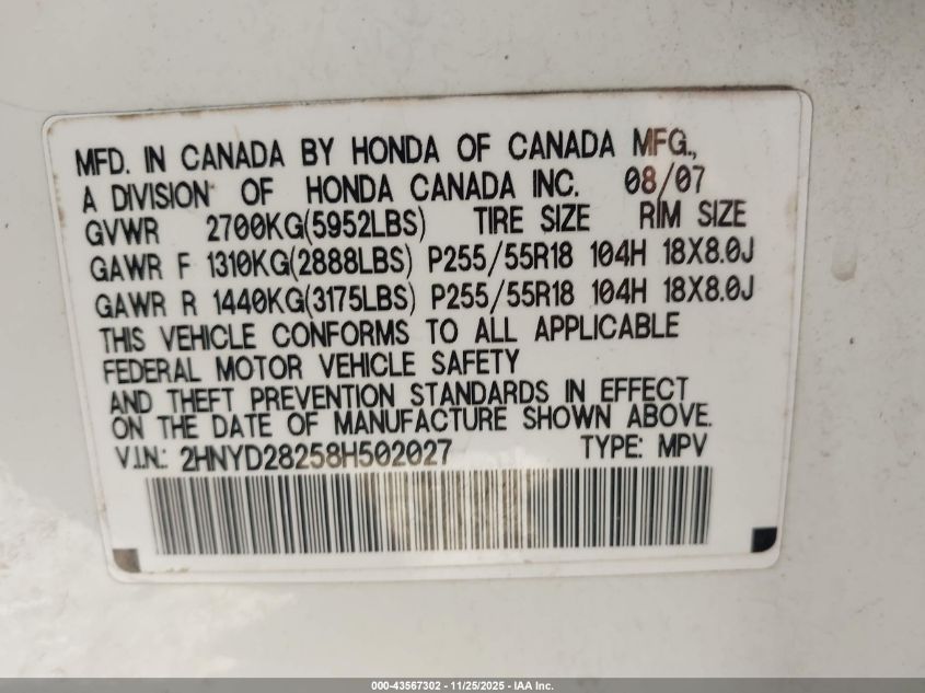 2008 Acura Mdx VIN: 2HNYD28258H502027 Lot: 43567302
