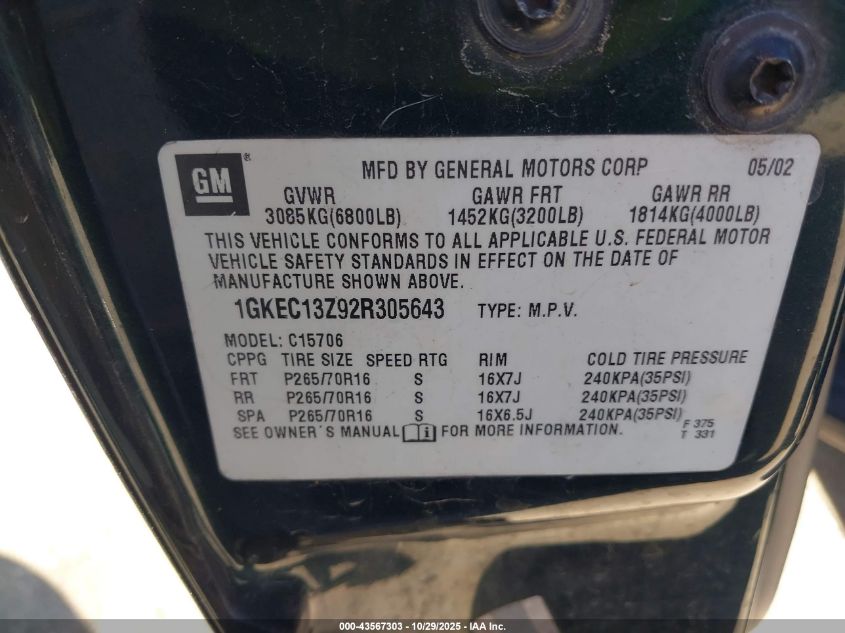 2002 GMC Yukon Slt VIN: 1GKEC13Z92R305643 Lot: 43567303