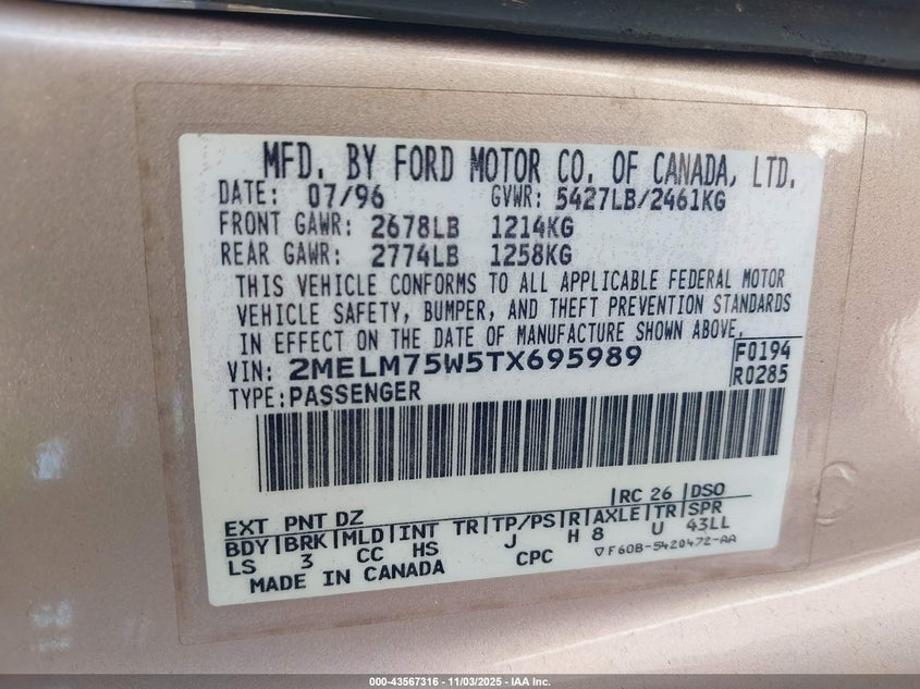 2MELM75W5TX695989 1996 MERCURY GRAND MARQUIS photo no. 9